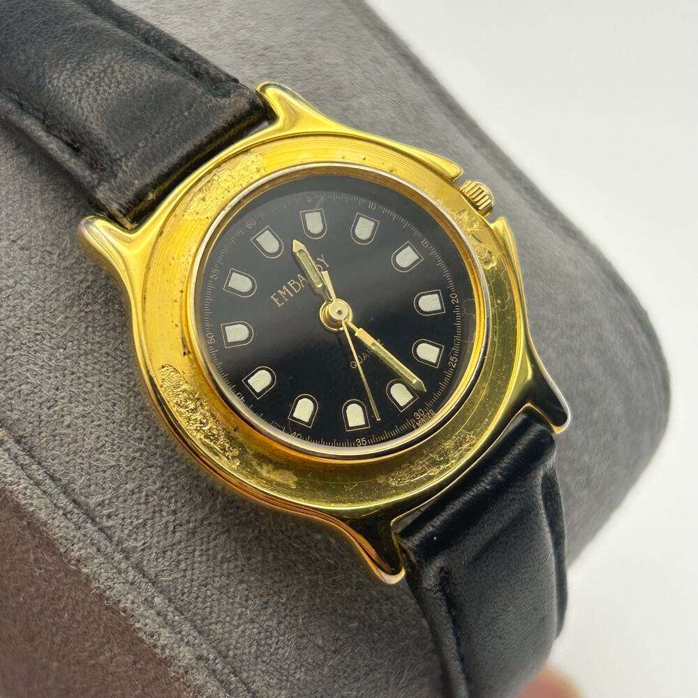 Vintage Gold-tone Embassy Black Dial Women’s Quartz Watch Working image 2